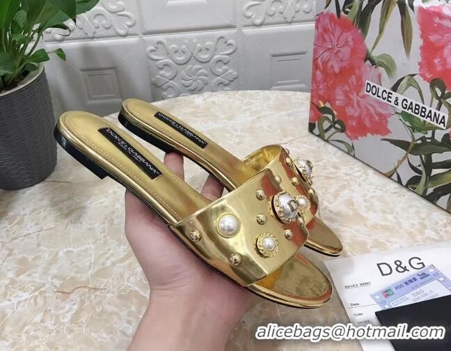 Hot Style Dolce & Gabbana DG Metallic Leather Flat Slide Sandals with Pearls Gold 605015