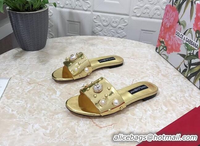 Hot Style Dolce & Gabbana DG Metallic Leather Flat Slide Sandals with Pearls Gold 605015