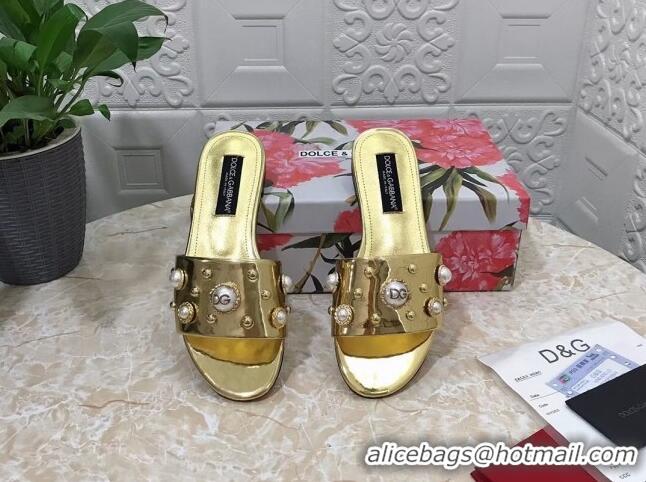 Hot Style Dolce & Gabbana DG Metallic Leather Flat Slide Sandals with Pearls Gold 605015