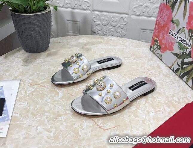 Sumptuous Dolce & Gabbana DG Metallic Leather Flat Slide Sandals with Pearls Silver 605016