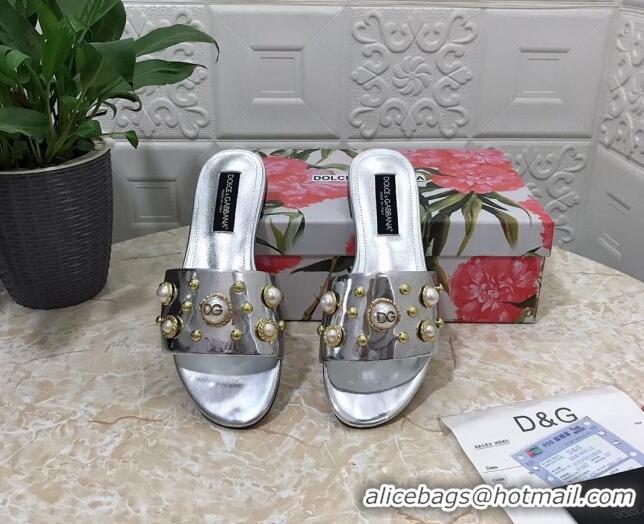 Sumptuous Dolce & Gabbana DG Metallic Leather Flat Slide Sandals with Pearls Silver 605016