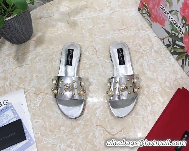 Sumptuous Dolce & Gabbana DG Metallic Leather Flat Slide Sandals with Pearls Silver 605016