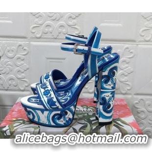 Charming Dolce & Gabbana DG Printed Polished Calfskin Platform Sandals 15cm Blue 703108