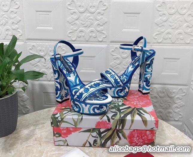 Charming Dolce & Gabbana DG Printed Polished Calfskin Platform Sandals 15cm Blue 703108