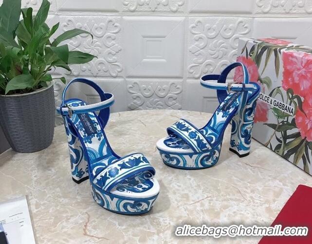 Charming Dolce & Gabbana DG Printed Polished Calfskin Platform Sandals 15cm Blue 703108