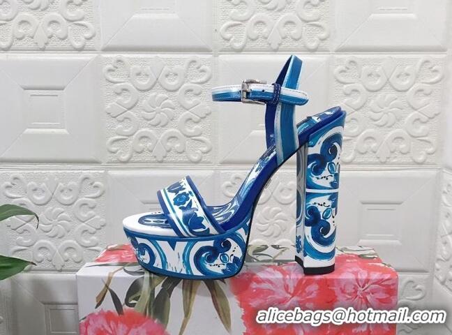 Charming Dolce & Gabbana DG Printed Polished Calfskin Platform Sandals 15cm Blue 703108