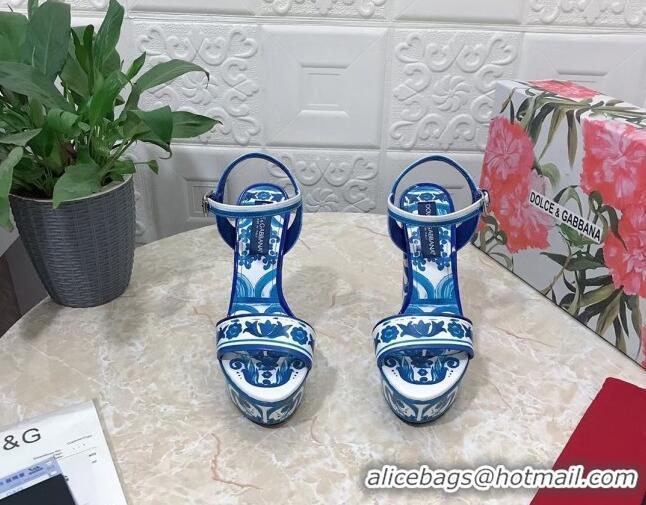 Charming Dolce & Gabbana DG Printed Polished Calfskin Platform Sandals 15cm Blue 703108