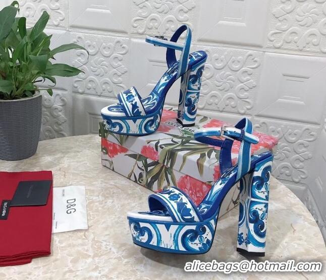 Charming Dolce & Gabbana DG Printed Polished Calfskin Platform Sandals 15cm Blue 703108