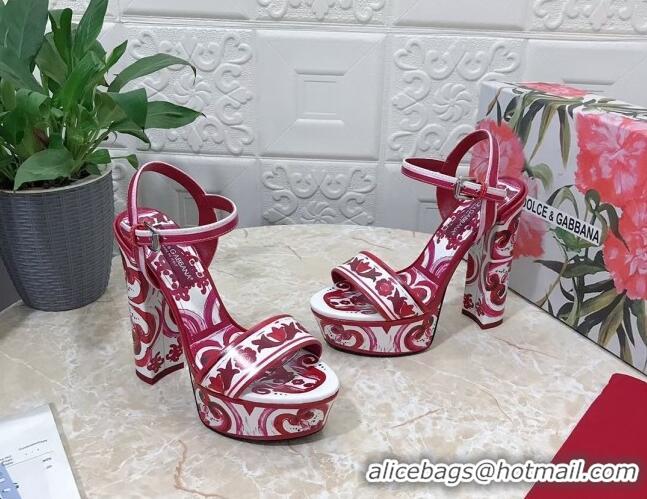 Lowest Price Dolce & Gabbana DG Printed Polished Calfskin Platform Sandals 15cm Fuchsia Pink 703109