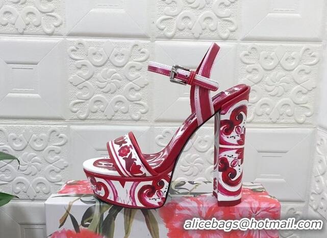 Lowest Price Dolce & Gabbana DG Printed Polished Calfskin Platform Sandals 15cm Fuchsia Pink 703109