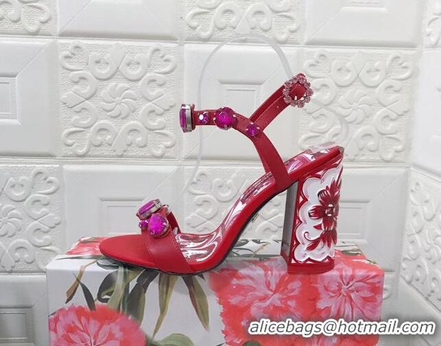 Stylish Dolce & Gabbana Calfskin Sandals 10.5cm with embroidery and painted heel Red 703112