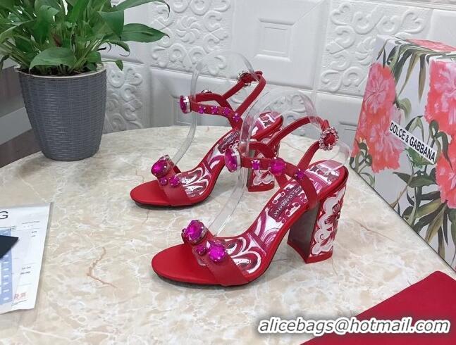 Stylish Dolce & Gabbana Calfskin Sandals 10.5cm with embroidery and painted heel Red 703112