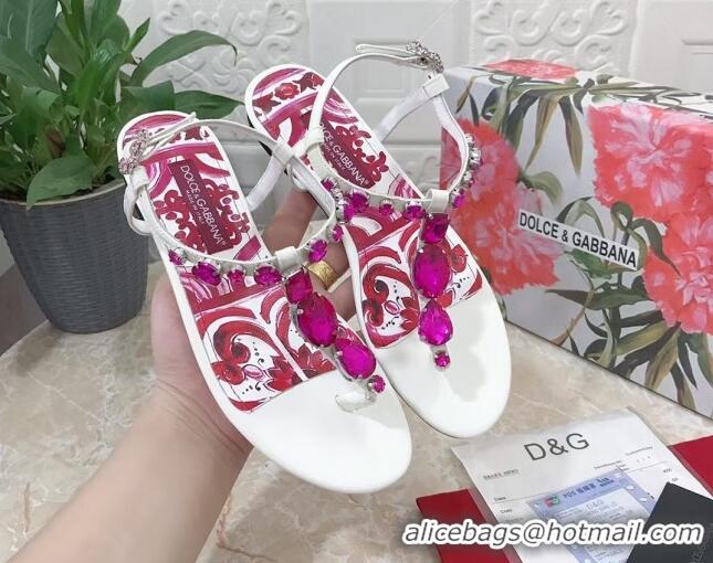 Best Product Dolce & Gabbana Patent Leather Flat Thong Sandals 1with embroidery White 703114