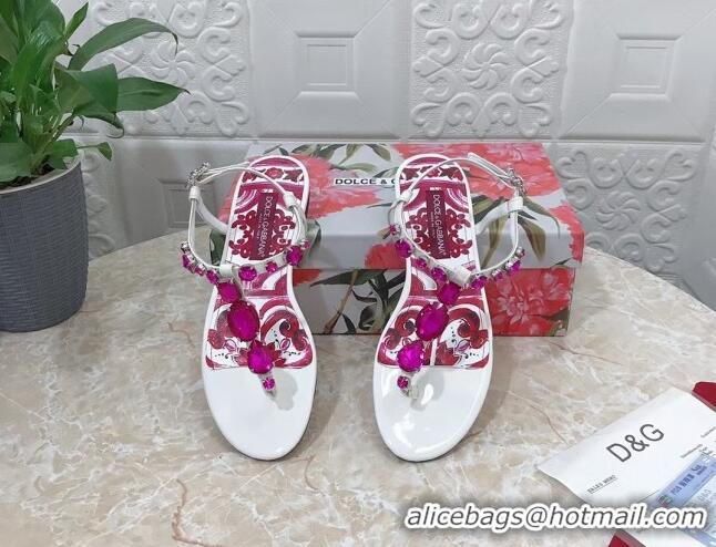 Best Product Dolce & Gabbana Patent Leather Flat Thong Sandals 1with embroidery White 703114