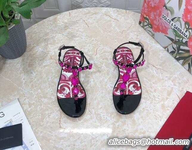 Pretty Style Dolce & Gabbana Patent Leather Flat Thong Sandals 1with embroidery Black 703115