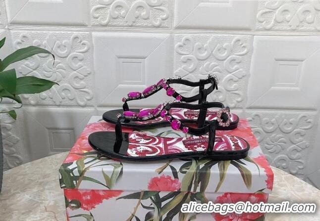 Pretty Style Dolce & Gabbana Patent Leather Flat Thong Sandals 1with embroidery Black 703115