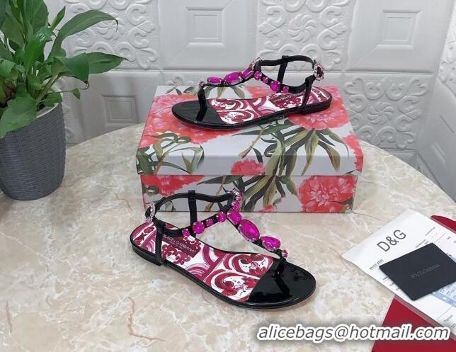 Pretty Style Dolce & Gabbana Patent Leather Flat Thong Sandals 1with embroidery Black 703115