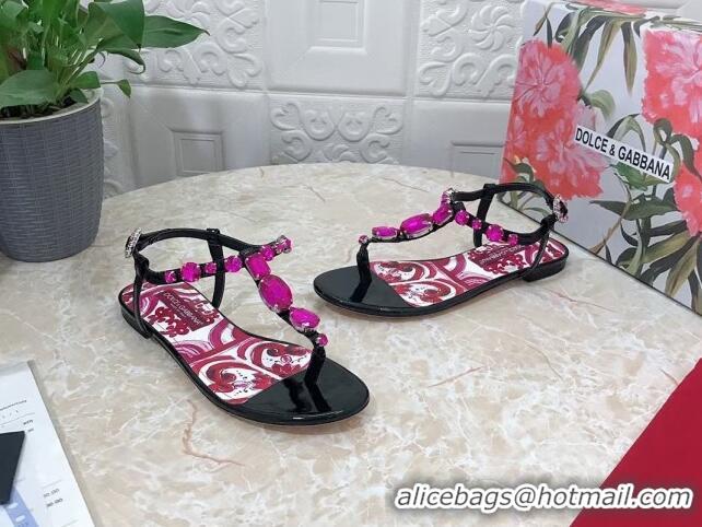 Pretty Style Dolce & Gabbana Patent Leather Flat Thong Sandals 1with embroidery Black 703115