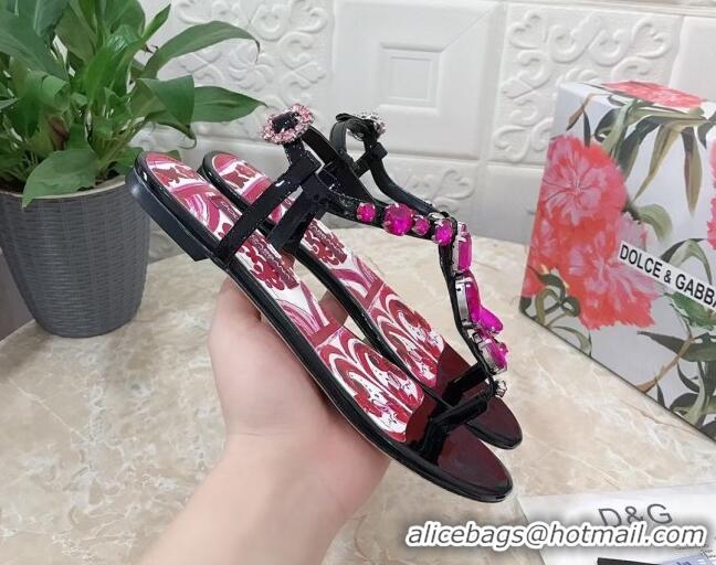 Pretty Style Dolce & Gabbana Patent Leather Flat Thong Sandals 1with embroidery Black 703115