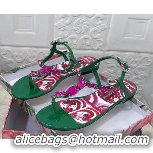 Low Cost Dolce & Gabbana Patent Leather Flat Thong Sandals 1with embroidery Green 0703116