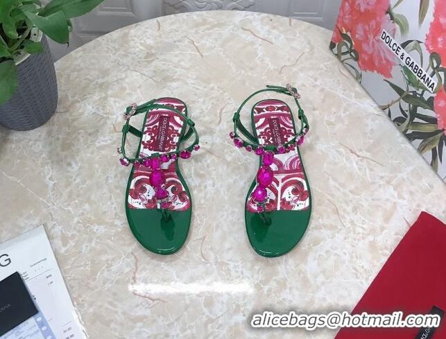 Low Cost Dolce & Gabbana Patent Leather Flat Thong Sandals 1with embroidery Green 0703116