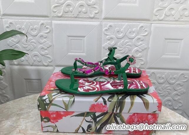 Low Cost Dolce & Gabbana Patent Leather Flat Thong Sandals 1with embroidery Green 0703116