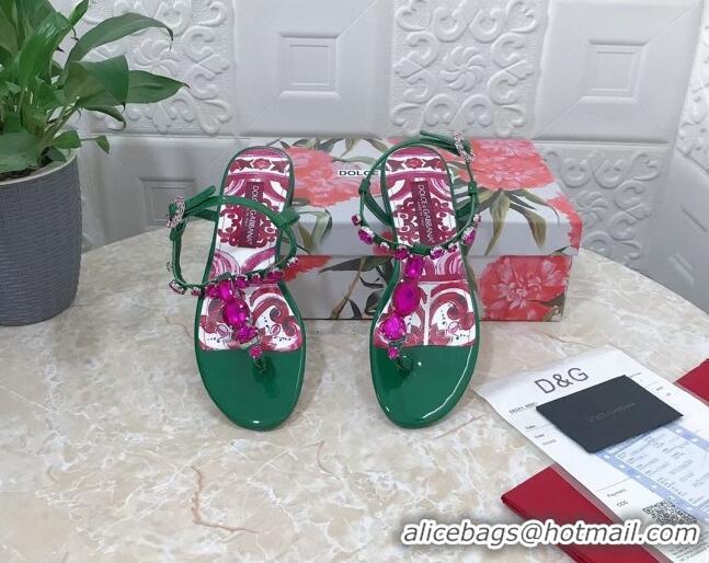 Low Cost Dolce & Gabbana Patent Leather Flat Thong Sandals 1with embroidery Green 0703116