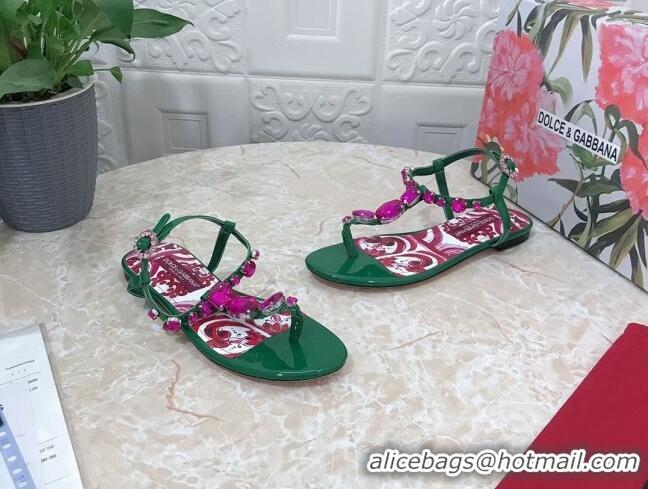 Low Cost Dolce & Gabbana Patent Leather Flat Thong Sandals 1with embroidery Green 0703116