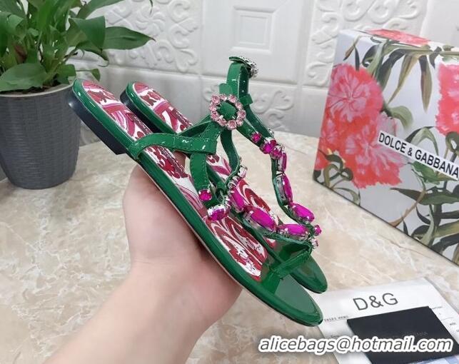 Low Cost Dolce & Gabbana Patent Leather Flat Thong Sandals 1with embroidery Green 0703116