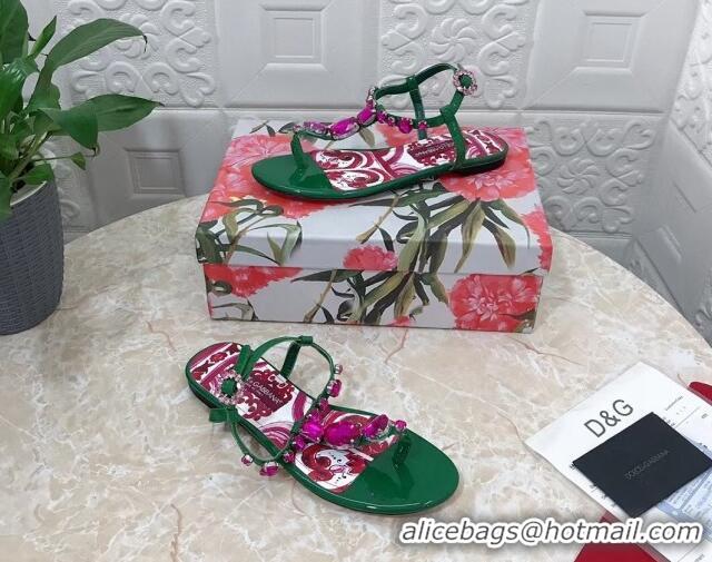 Low Cost Dolce & Gabbana Patent Leather Flat Thong Sandals 1with embroidery Green 0703116