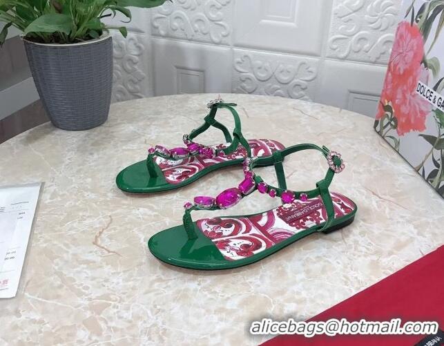 Low Cost Dolce & Gabbana Patent Leather Flat Thong Sandals 1with embroidery Green 0703116