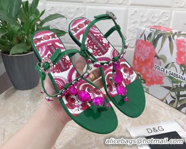 Low Cost Dolce & Gabbana Patent Leather Flat Thong Sandals 1with embroidery Green 0703116