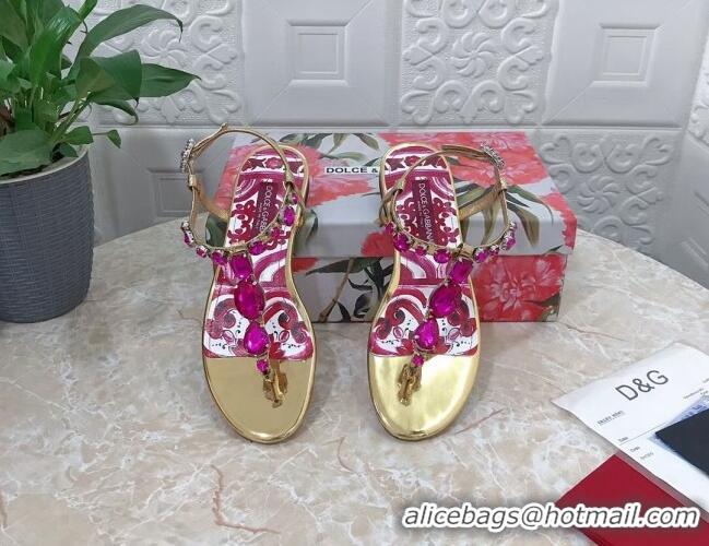 Top Grade Dolce & Gabbana Patent Leather Flat Thong Sandals 1with embroidery Gold 0703117