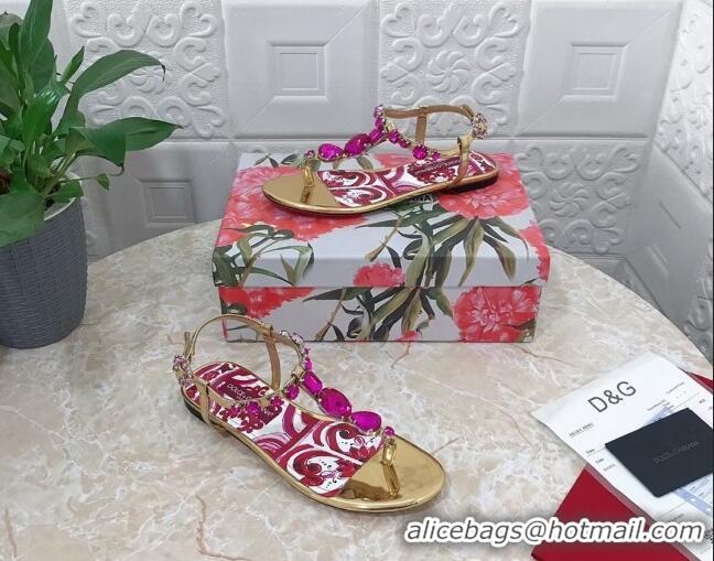 Top Grade Dolce & Gabbana Patent Leather Flat Thong Sandals 1with embroidery Gold 0703117