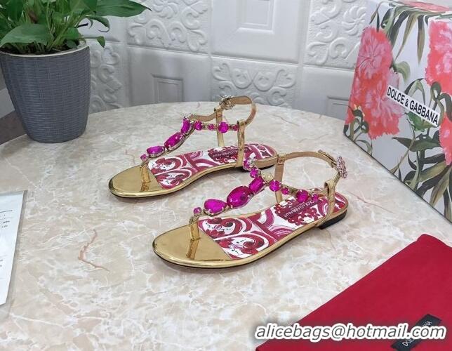 Top Grade Dolce & Gabbana Patent Leather Flat Thong Sandals 1with embroidery Gold 0703117