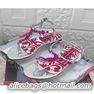 Luxury Discount Dolce & Gabbana Patent Leather Flat Thong Sandals 1with embroidery Silver 703118