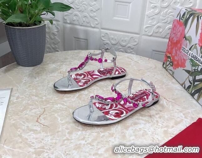 Luxury Discount Dolce & Gabbana Patent Leather Flat Thong Sandals 1with embroidery Silver 703118