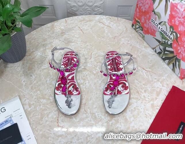 Luxury Discount Dolce & Gabbana Patent Leather Flat Thong Sandals 1with embroidery Silver 703118