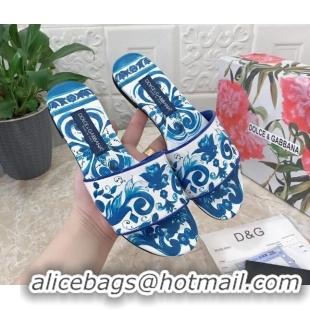 Unique Style Dolce & Gabbana DG Printed Calfskin Flat Slide Sandals Blue 703120