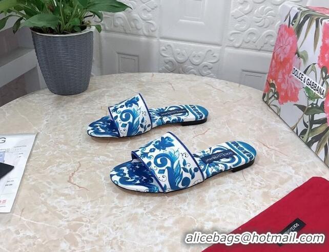 Unique Style Dolce & Gabbana DG Printed Calfskin Flat Slide Sandals Blue 703120