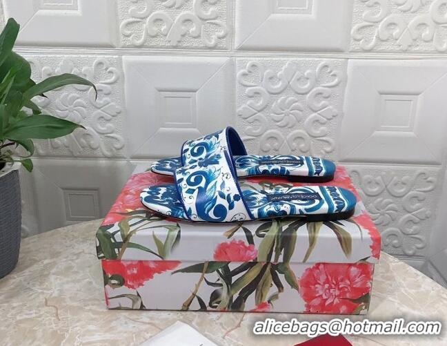 Unique Style Dolce & Gabbana DG Printed Calfskin Flat Slide Sandals Blue 703120