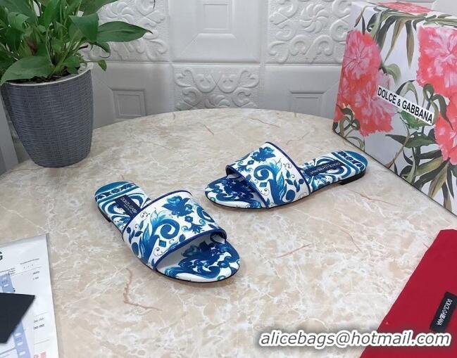 Unique Style Dolce & Gabbana DG Printed Calfskin Flat Slide Sandals Blue 703120