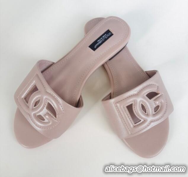 Perfect Dolce & Gabbana DG Cutout Calfskin Flat Slide Sandals Nude 071062