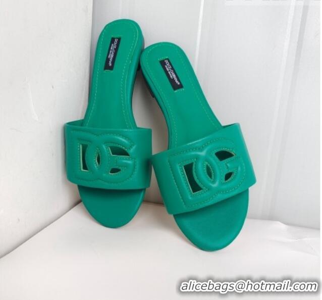 Lower Price Dolce & Gabbana DG Cutout Calfskin Flat Slide Sandals Green 071063