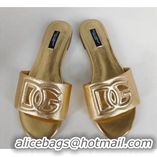 Big Discount Dolce & Gabbana DG Cutout Calfskin Flat Slide Sandals Gold 071064