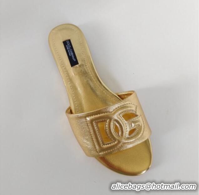 Big Discount Dolce & Gabbana DG Cutout Calfskin Flat Slide Sandals Gold 071064