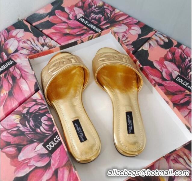 Big Discount Dolce & Gabbana DG Cutout Calfskin Flat Slide Sandals Gold 071064