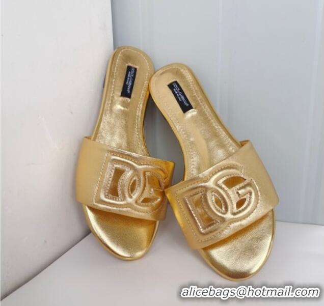 Big Discount Dolce & Gabbana DG Cutout Calfskin Flat Slide Sandals Gold 071064