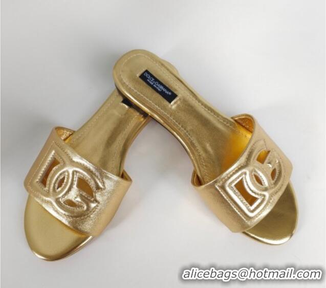 Big Discount Dolce & Gabbana DG Cutout Calfskin Flat Slide Sandals Gold 071064