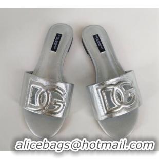 Durable Dolce & Gabbana DG Cutout Calfskin Flat Slide Sandals Silver 071065